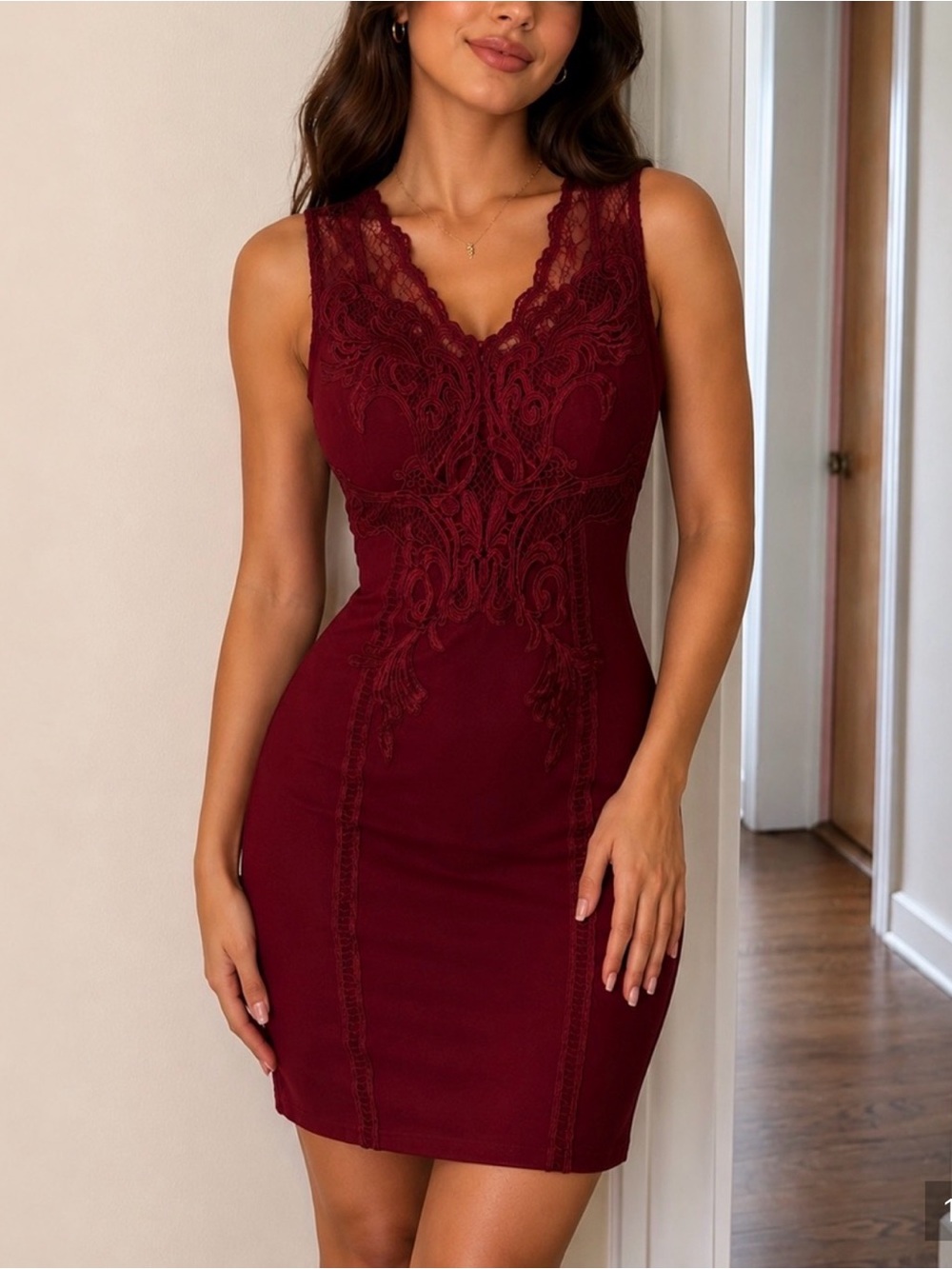 iris Burgundy Lace-Detail Mini Dress